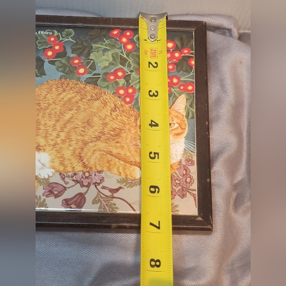 Mimi Vang Olsen Orange Tabby Cat Ceramic Tile Trivet Wood Frame 7x7 Vintage - Picture 6 of 8